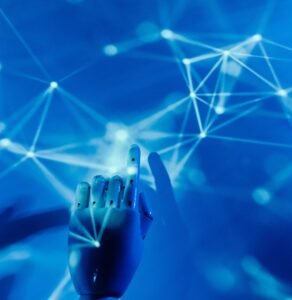 Futuristic robotic hand touching a digital network on a blue background.